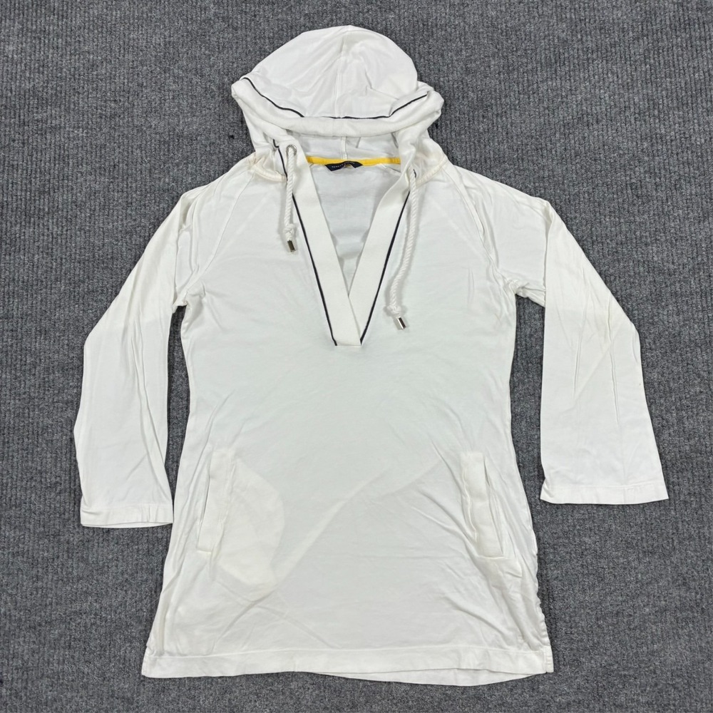 Tommy Hilfiger Hooded V Neck Long Sleeve Pullover Womens Size Small White